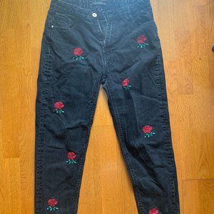 rose embroidered black mom jeans